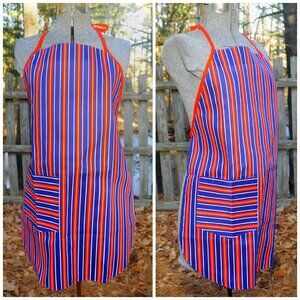 VTG 1970's Navy & Red Striped BBQ Grilling Apron NWOT w/ Pocket Heavy Cotton